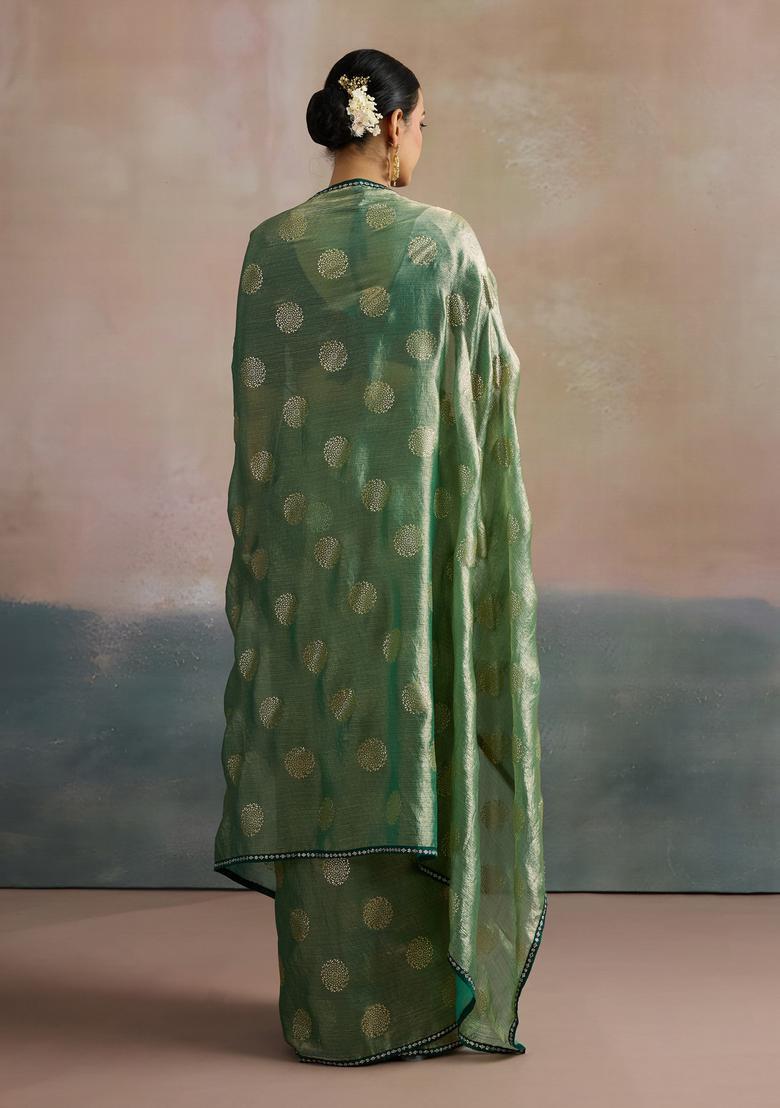 Sea Green Printed Chiffon Saree Set - Indya