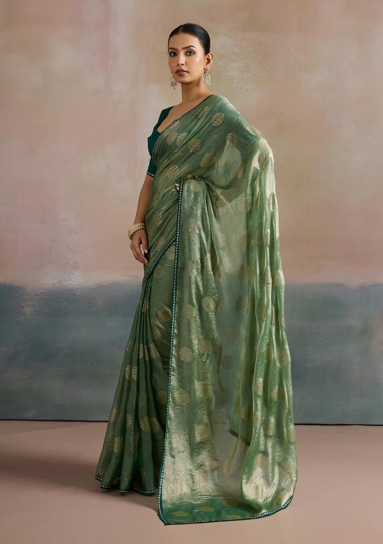 Sea Green Printed Chiffon Saree Set - Indya