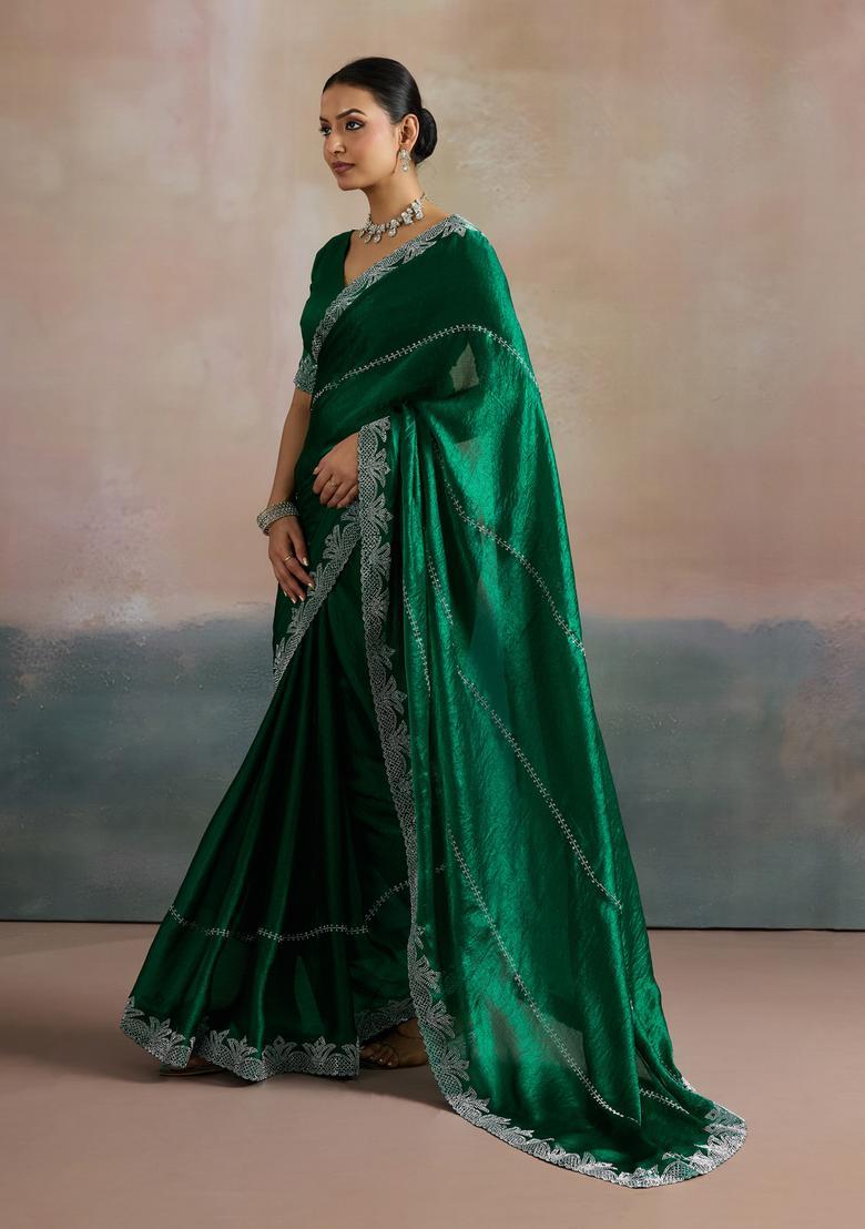 Teal Green Embellished Chiffon Saree Set - Indya