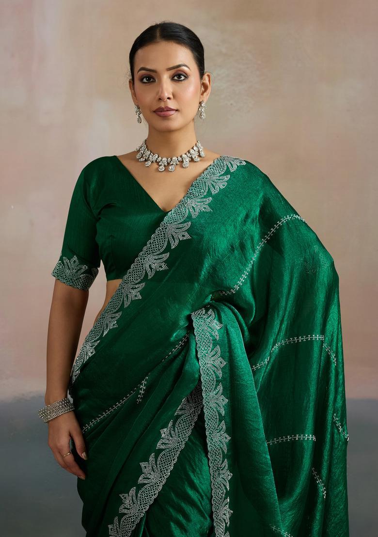 Teal Green Embellished Chiffon Saree Set - Indya