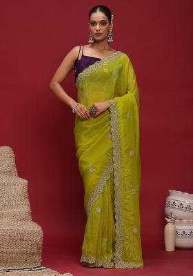 Lime Green Embellished Tissue Saree Set