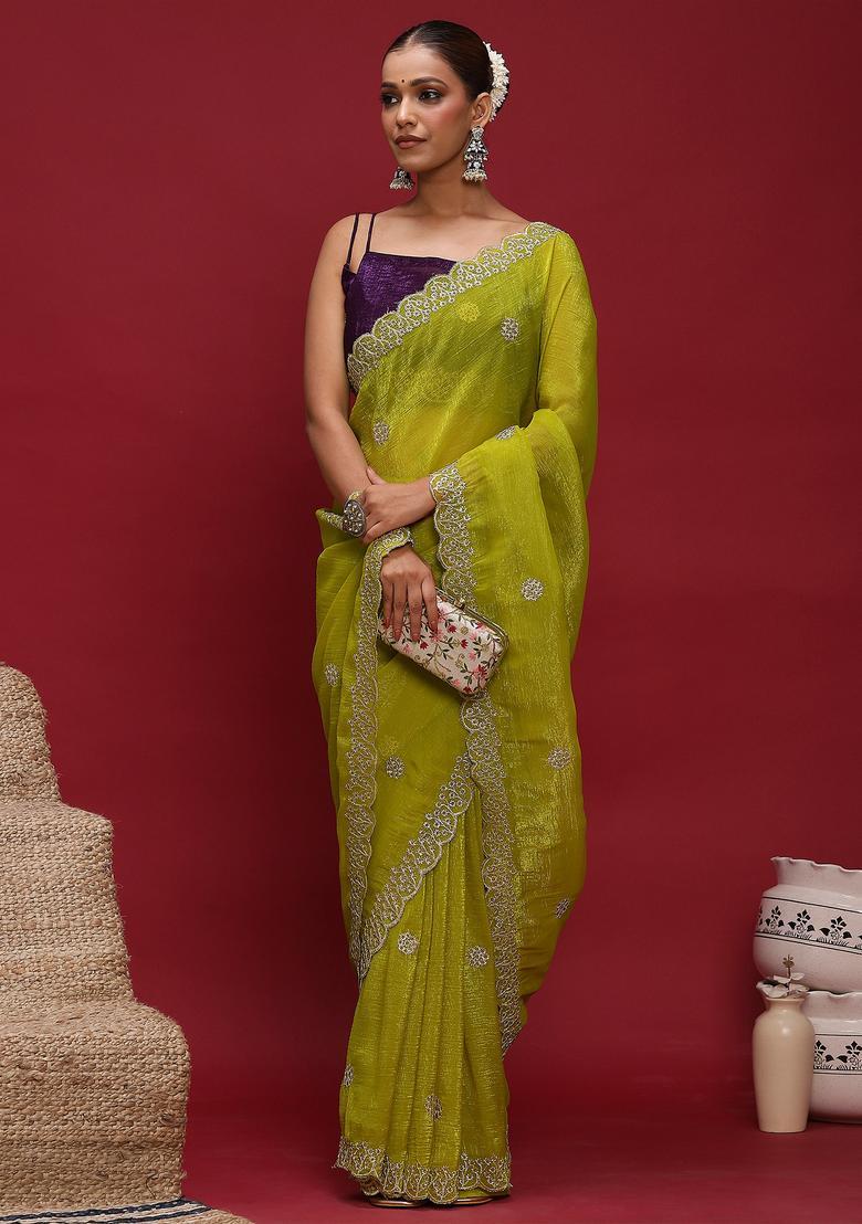 Lime Green Embellished Tissue Saree Set - Indya