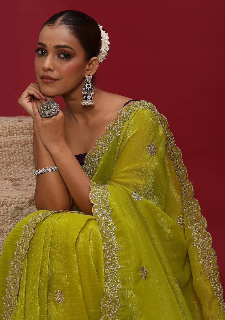 Lime Green Embellished Tissue Saree Set - Indya