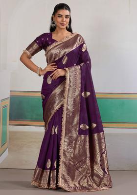 Purple Woven Design Silk Saree Set