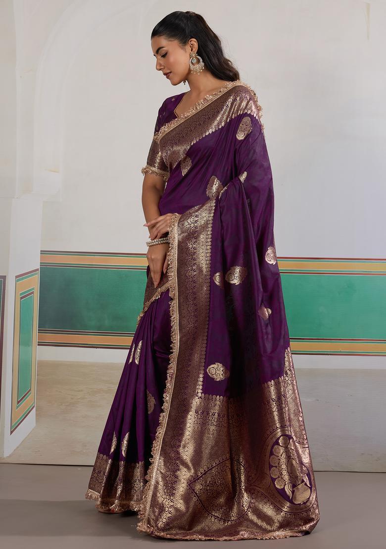 Purple Woven Design Silk Saree Set - Indya
