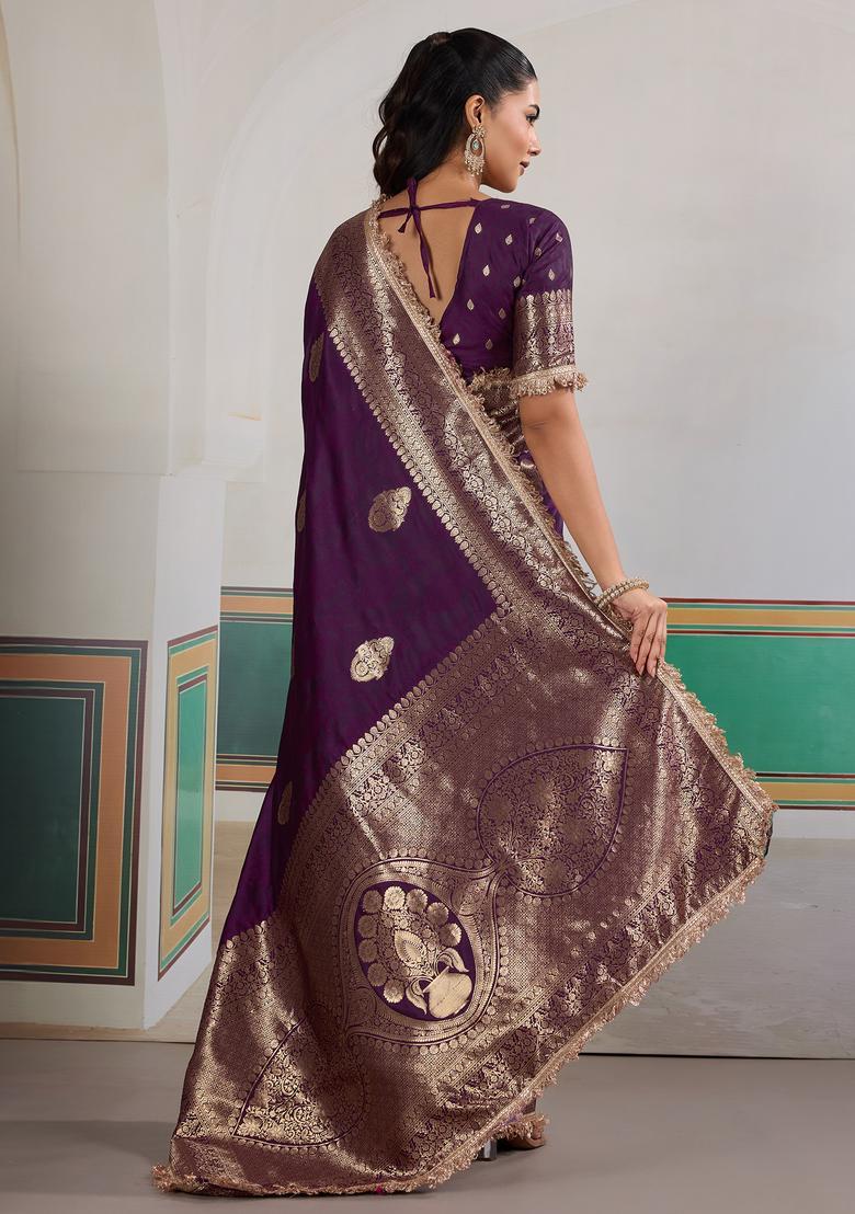 Purple Woven Design Silk Saree Set - Indya