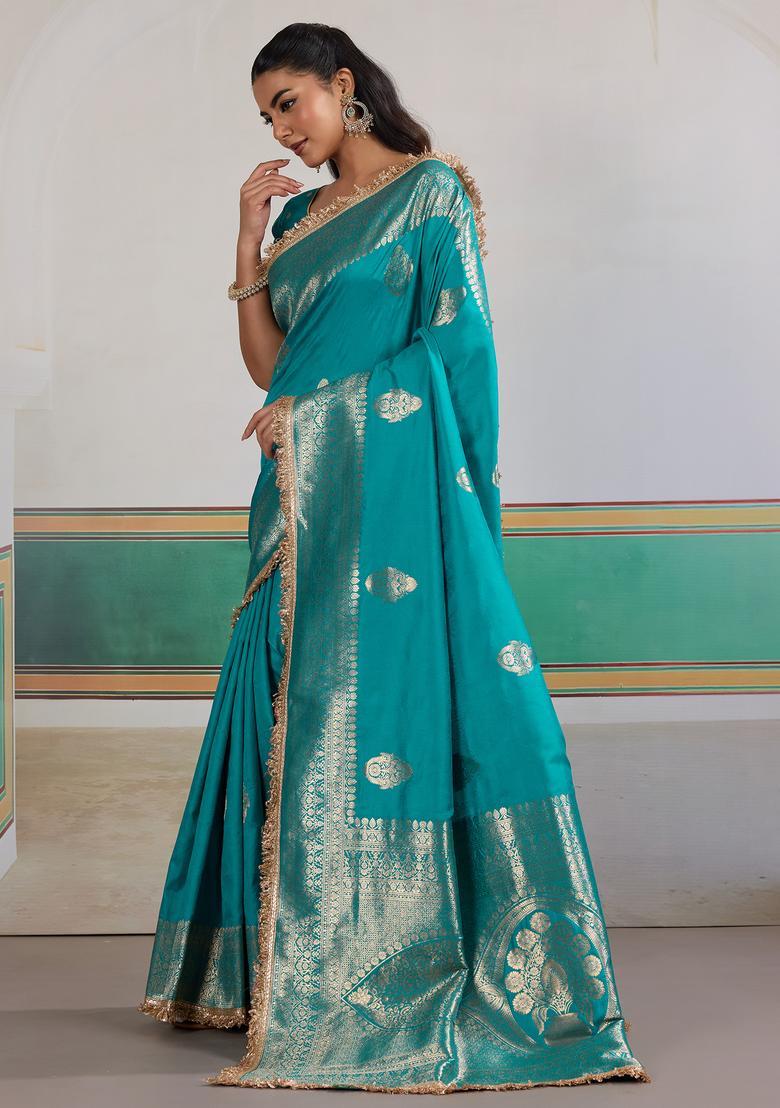 Light Blue Woven Design Silk Saree Set - Indya
