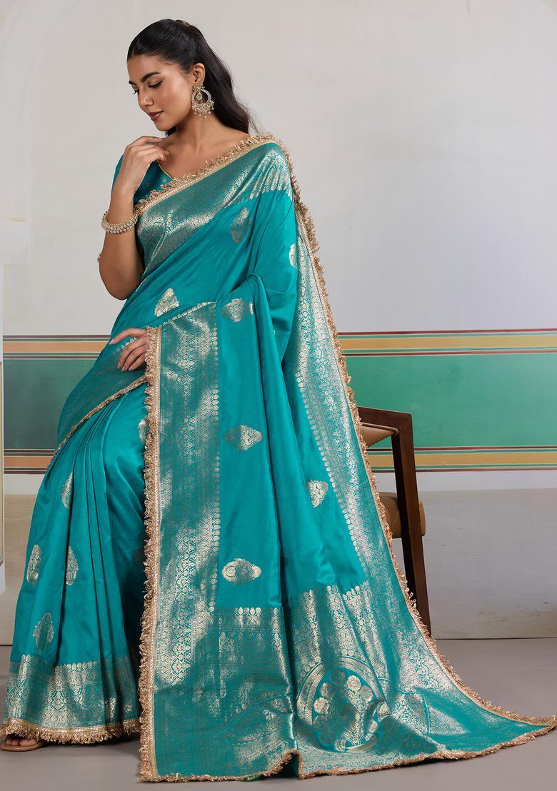 Light Blue Woven Design Silk Saree Set - Indya