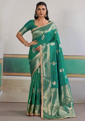 Teal Green Woven Design Silk Saree Set