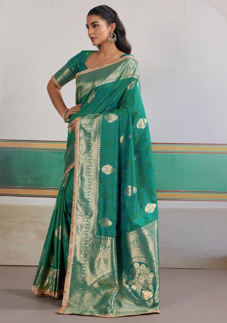 Teal Green Woven Design Silk Saree Set - Indya