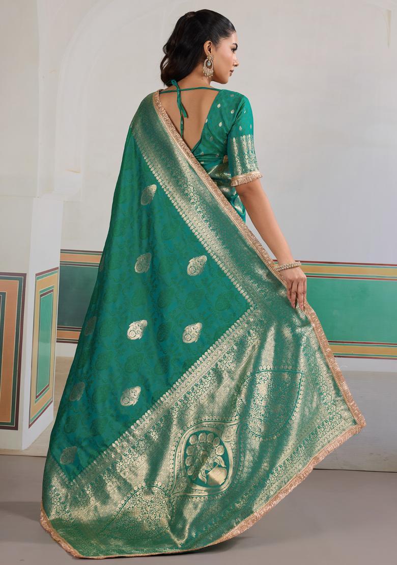 Teal Green Woven Design Silk Saree Set - Indya