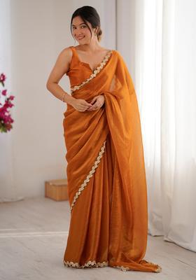Orange Embellished Chiffon Saree Set