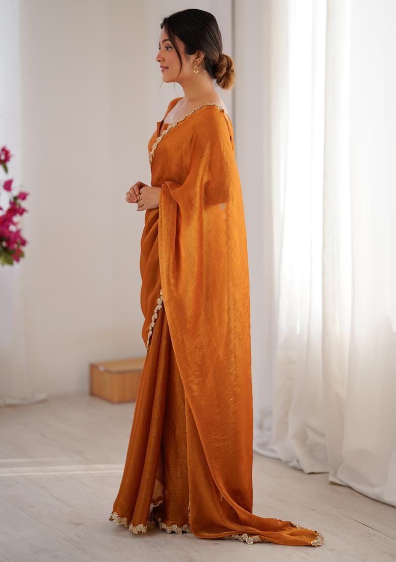 Orange Embellished Chiffon Saree Set - Indya