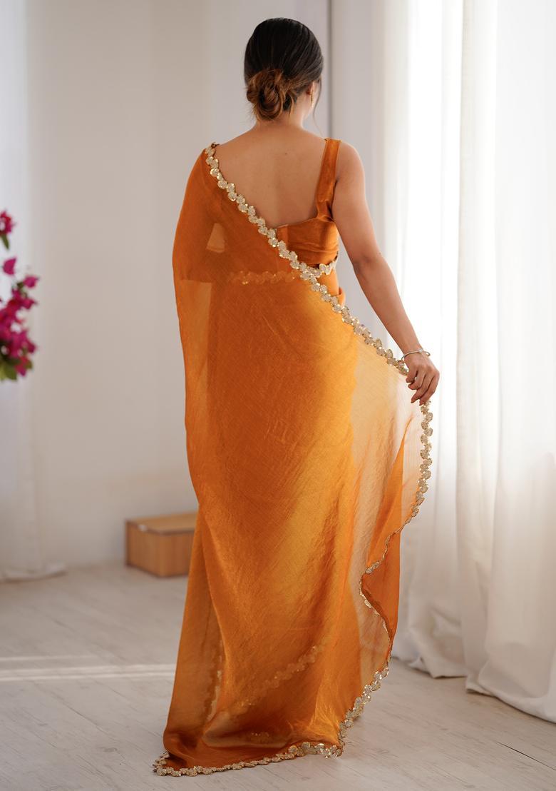 Orange Embellished Chiffon Saree Set - Indya