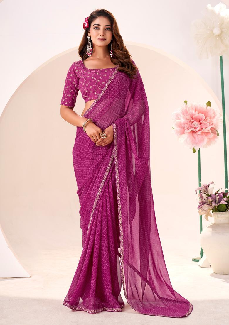 Pink Printed Georgette Saree Set - Indya
