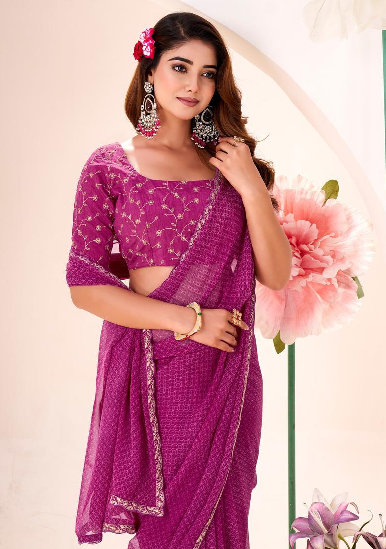 Pink Printed Georgette Saree Set - Indya