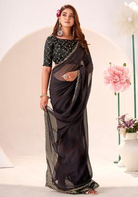 Black Printed Georgette Saree Set