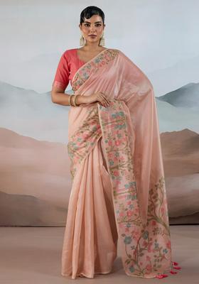 Peach Woven Design Tissue Saree Set