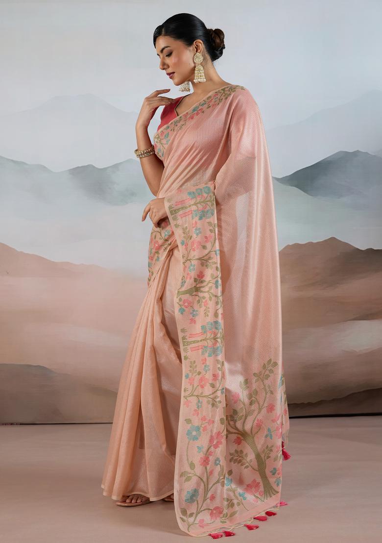 Peach Woven Design Tissue Saree Set - Indya