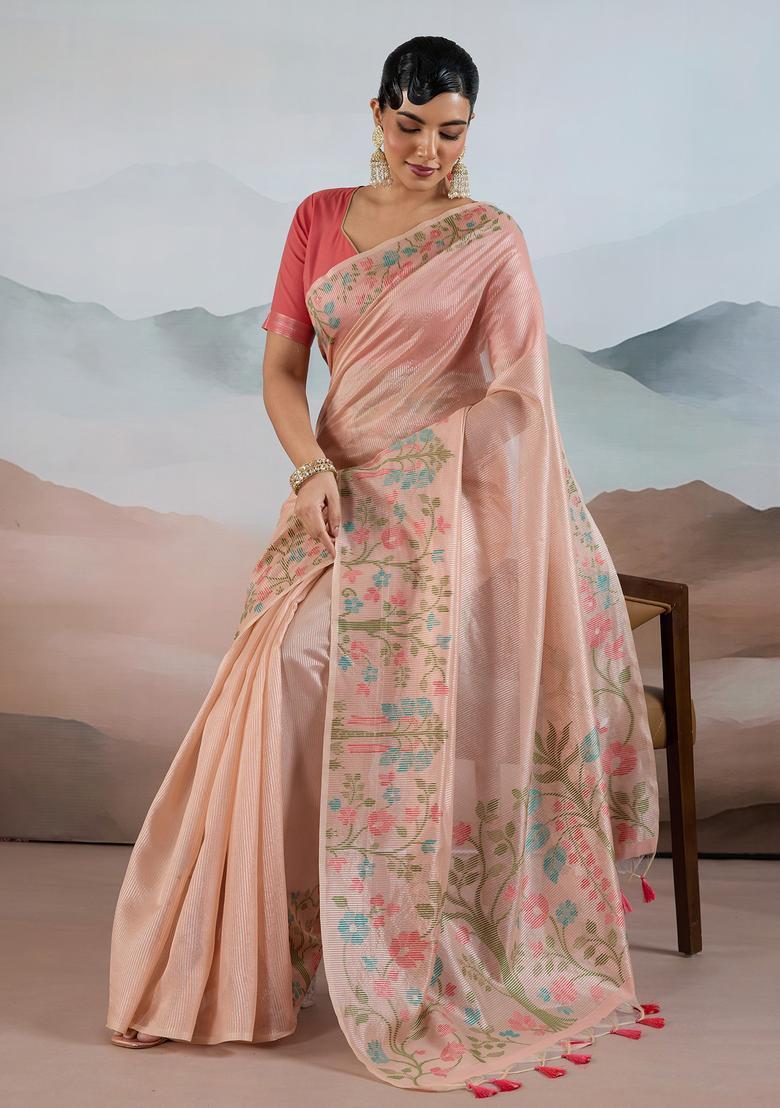 Peach Woven Design Tissue Saree Set - Indya