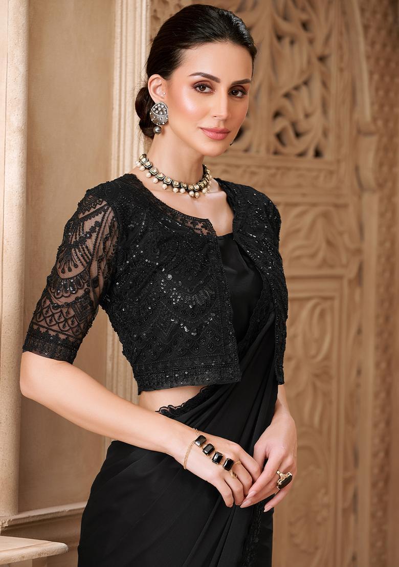 Black Embellished Georgette Saree Set - Indya