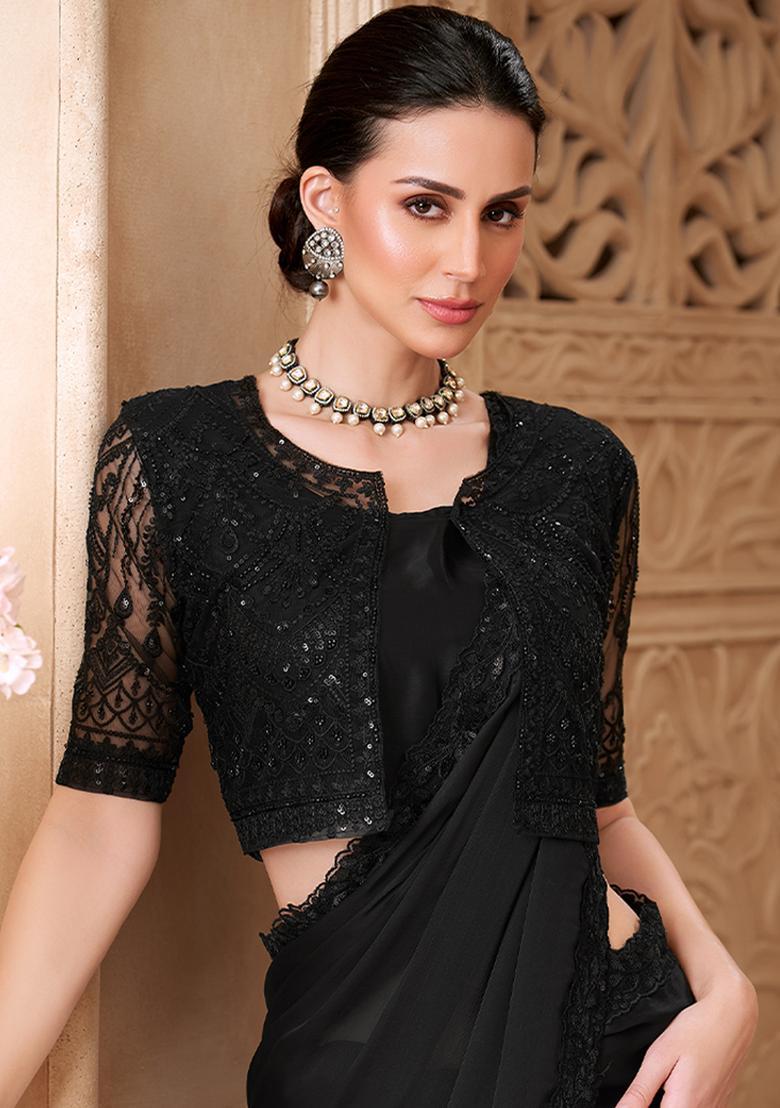 Black Embellished Georgette Saree Set - Indya