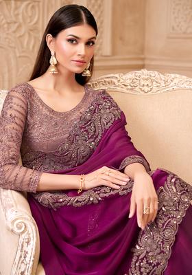 Purple Embellished Georgette Saree Set