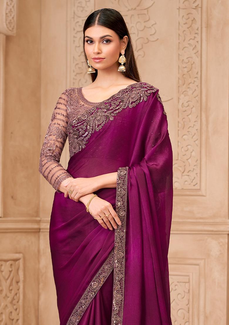 Purple Embellished Georgette Saree Set - Indya