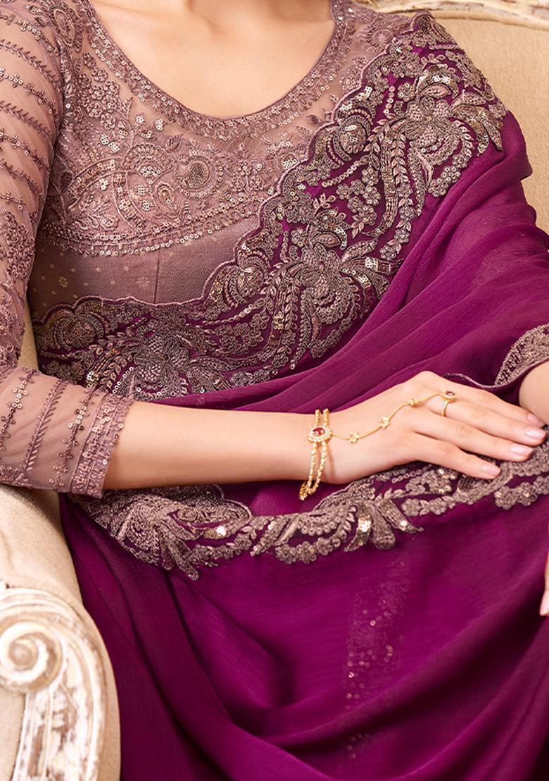 Purple Embellished Georgette Saree Set - Indya