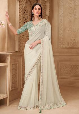 Off White Embellished Georgette Saree Set