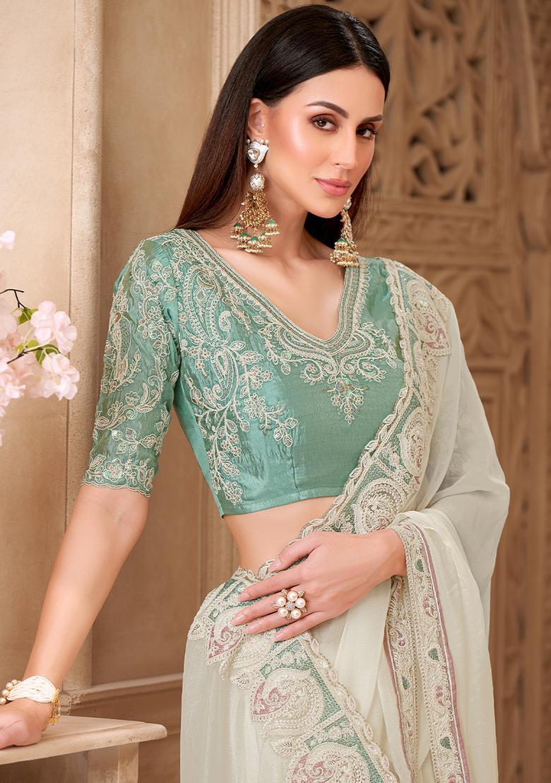 Off White Embellished Georgette Saree Set - Indya