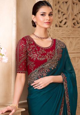 Teal Blue Embellished Georgette Saree Set