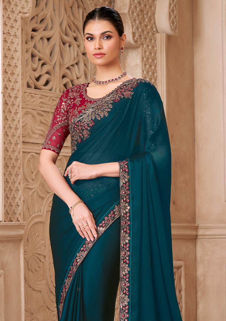 Teal Blue Embellished Georgette Saree Set - Indya