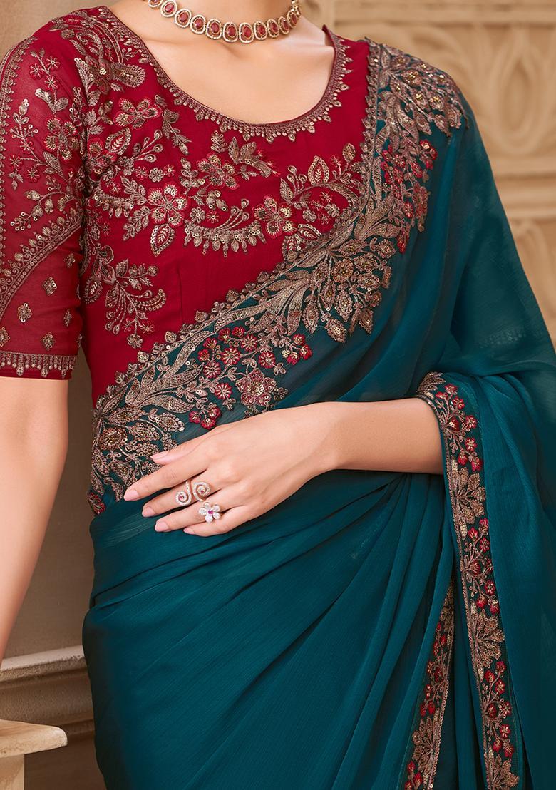 Teal Blue Embellished Georgette Saree Set - Indya