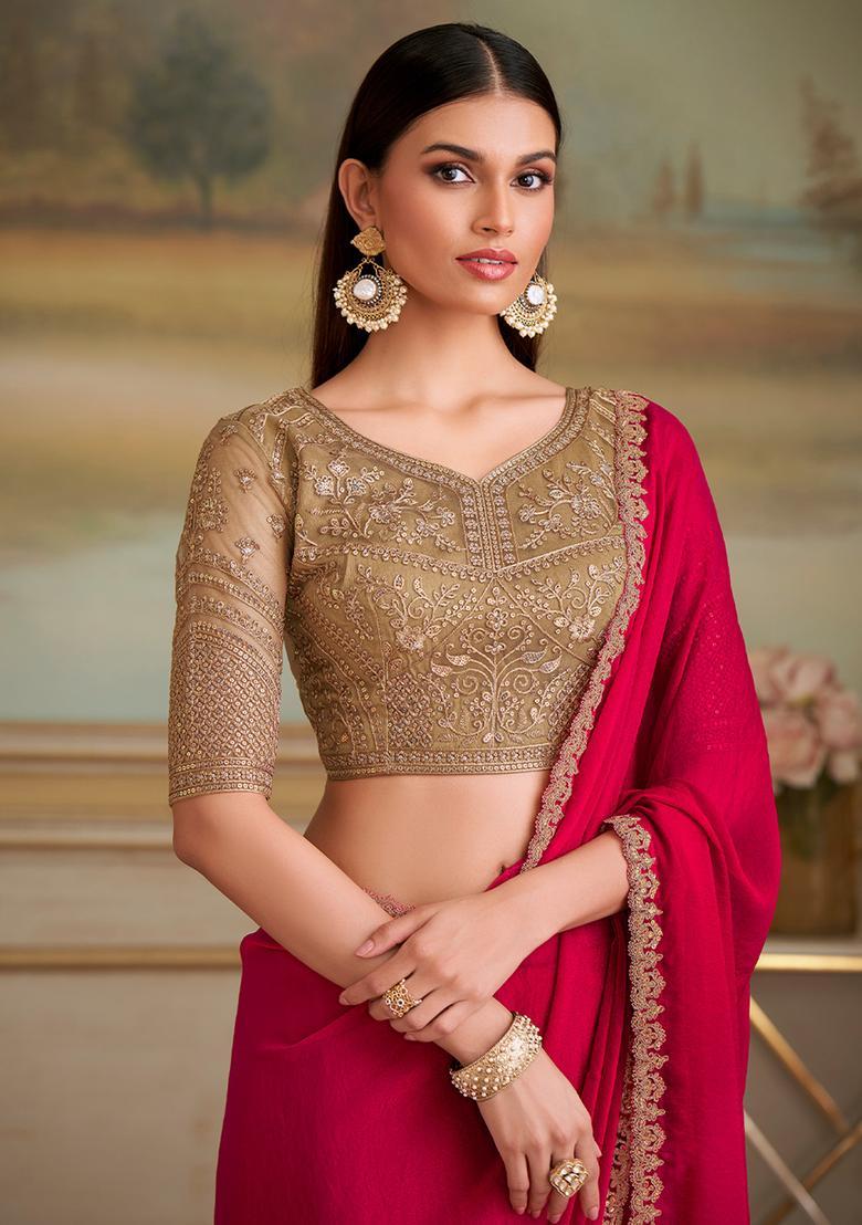 Red Embellished Georgette Saree Set - Indya
