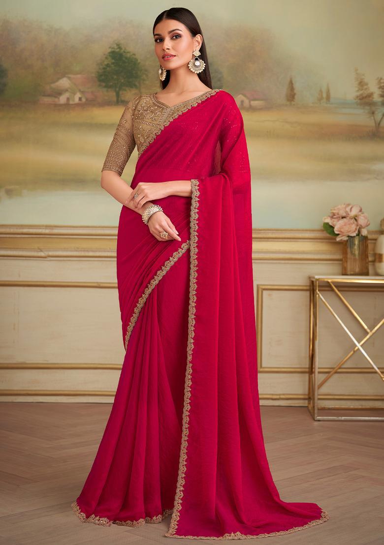 Red Embellished Georgette Saree Set - Indya