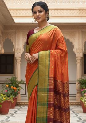 Orange Woven Design Silk Saree Set