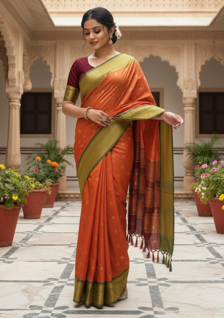 Orange Woven Design Silk Saree Set - Indya