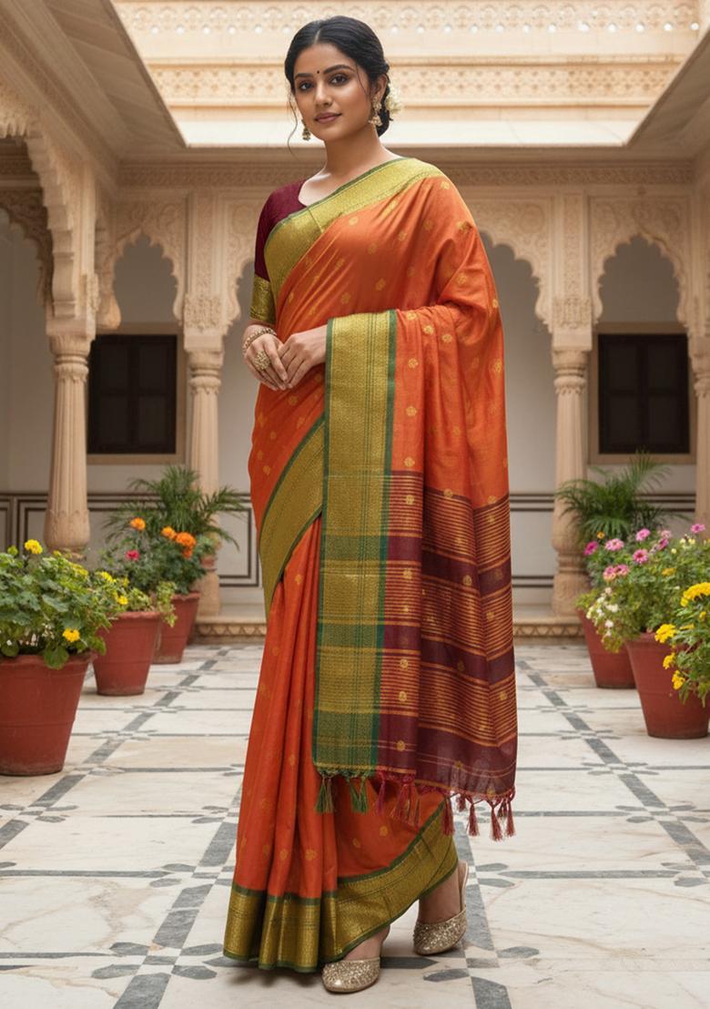Orange Woven Design Silk Saree Set - Indya
