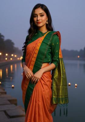 Orange Woven Design Silk Saree Set