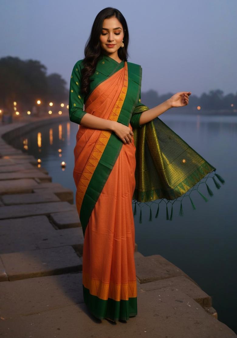 Orange Woven Design Silk Saree Set - Indya