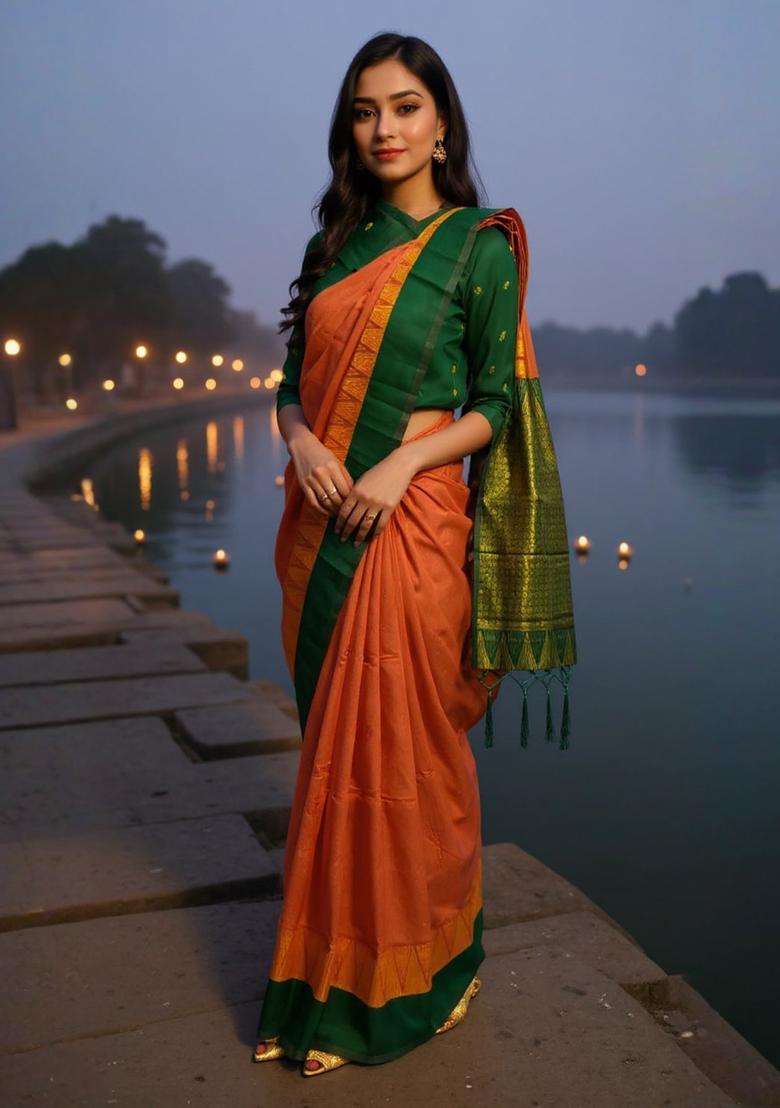 Orange Woven Design Silk Saree Set - Indya