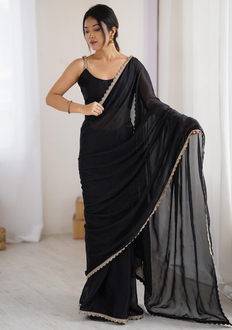 Black Embellished Georgette Saree Set - Indya