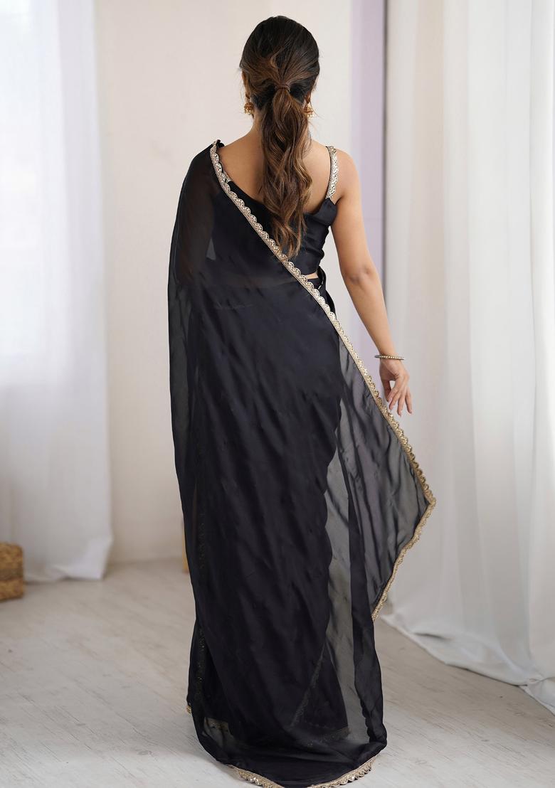 Black Embellished Georgette Saree Set - Indya