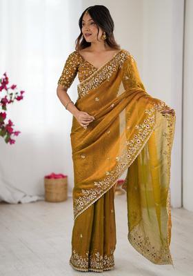 Golden Embellished Chiffon Saree Set