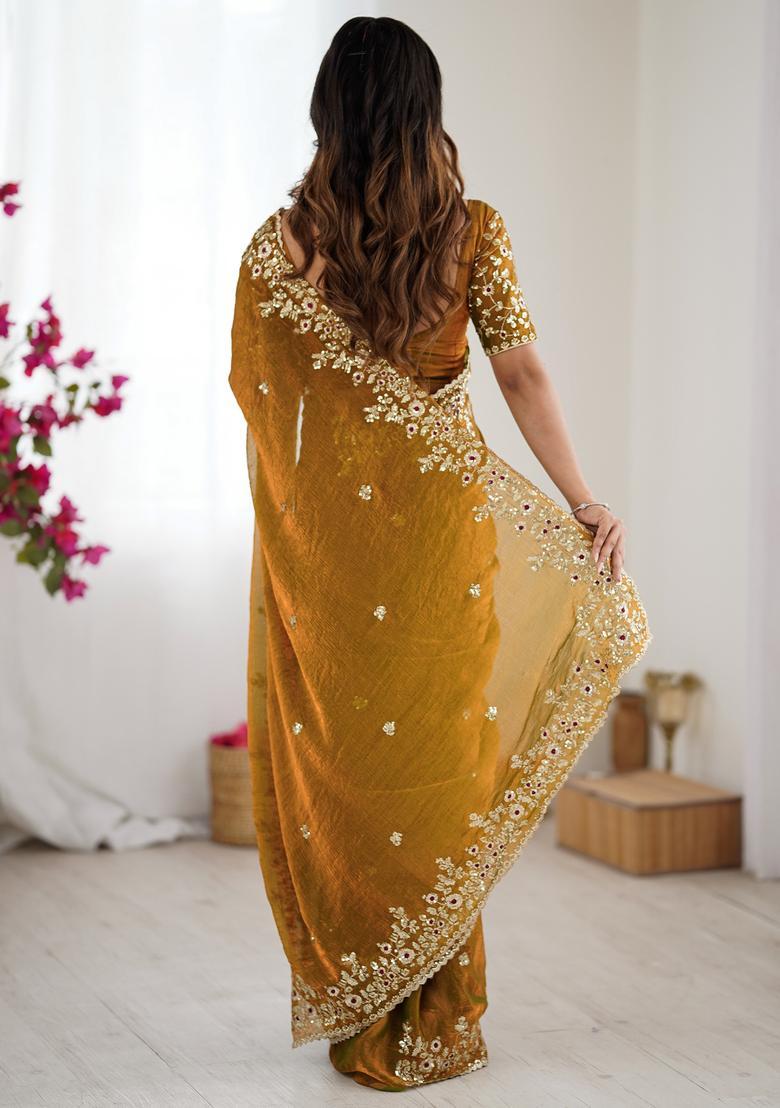 Golden Embellished Chiffon Saree Set - Indya