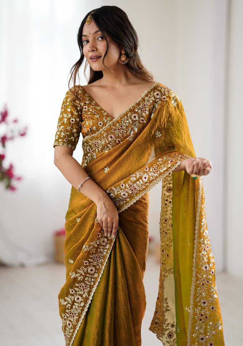 Golden Embellished Chiffon Saree Set - Indya