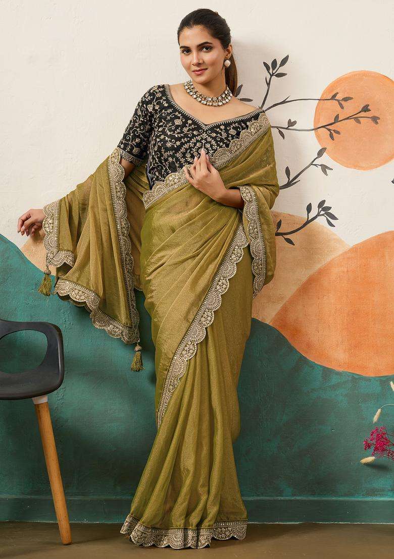 Olive Embellished Organza Saree Set for Diwali | Wedding & Festive Wear - Indya