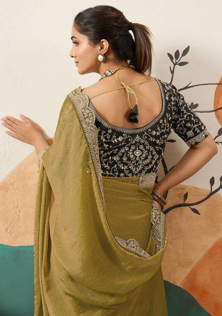 Olive Embellished Organza Saree Set for Diwali | Wedding & Festive Wear - Indya