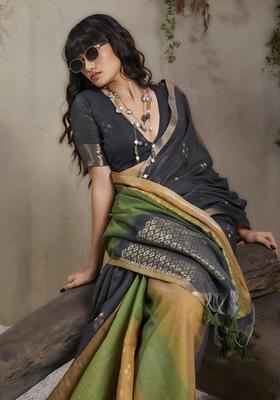 Mustard Woven Design Silk Saree Set